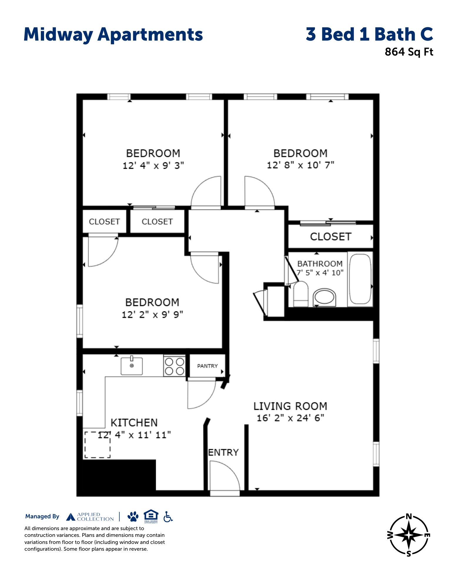 Floor plan for 3 beds, 1 bath, 864 sqft